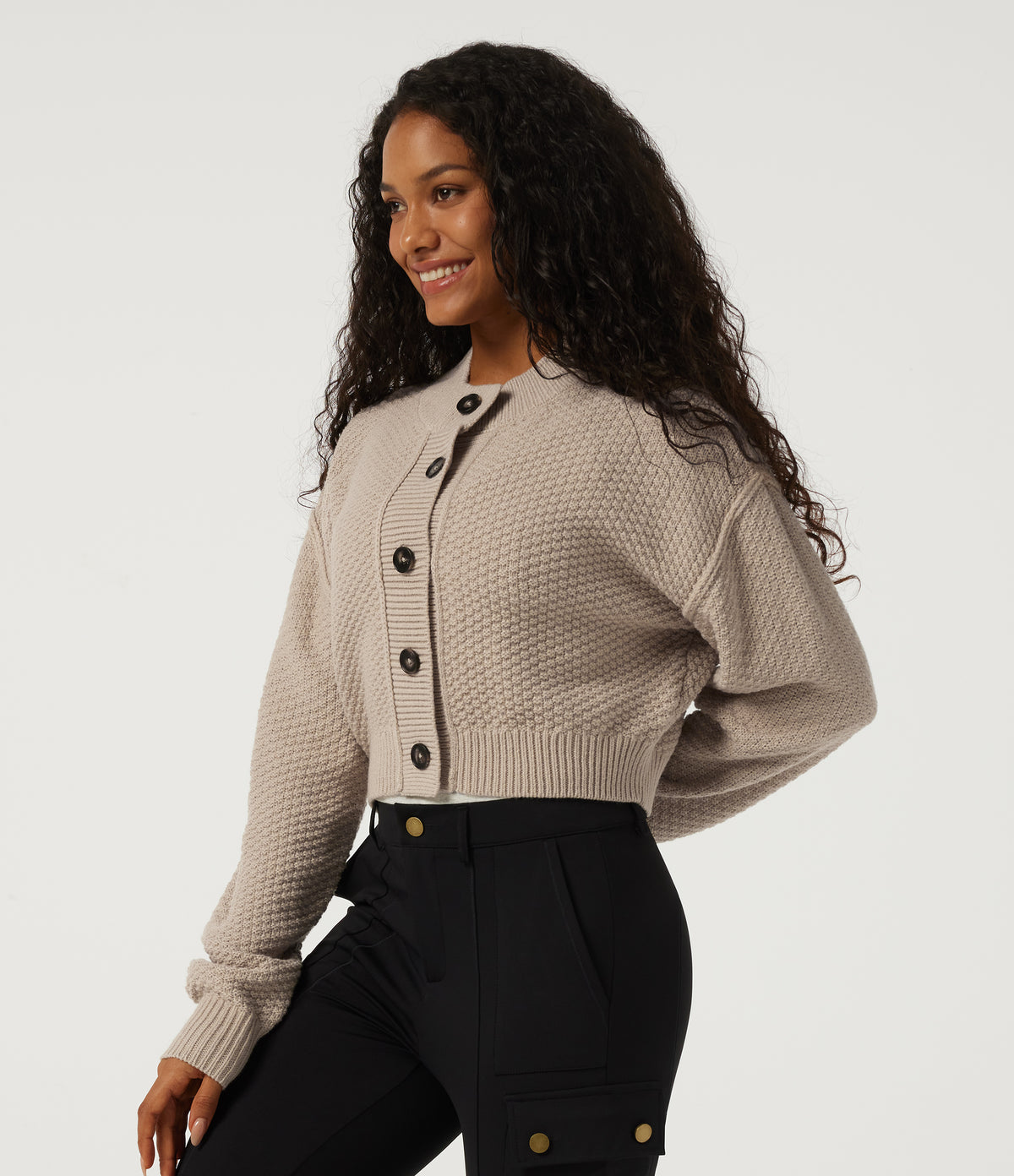 Round Neck Long Sleeve Casual Cardigan — Doeskin — view 3