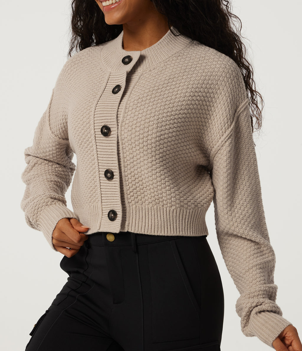 Round Neck Long Sleeve Casual Cardigan — Doeskin — view 6