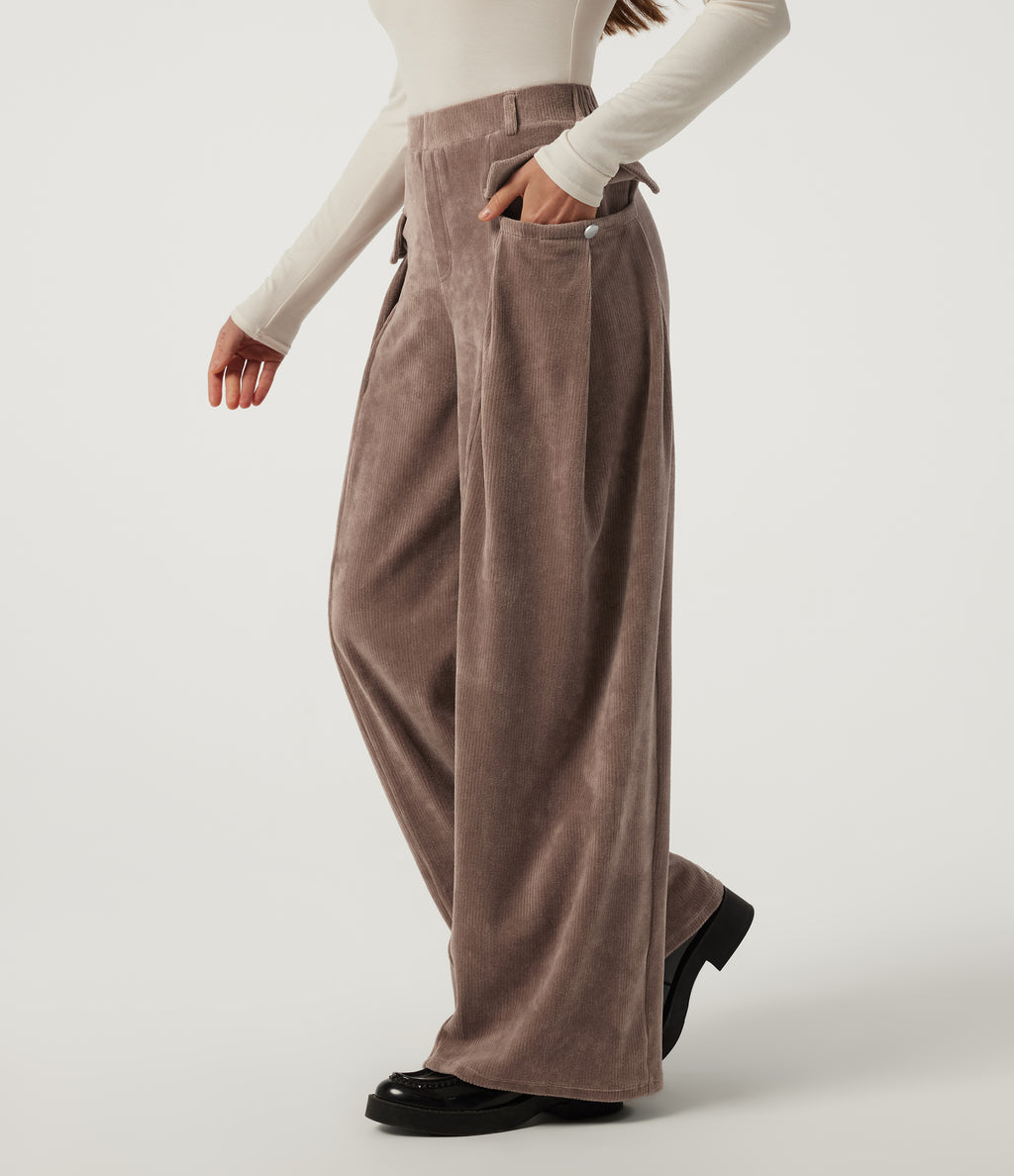 Mid Rise Baggy Corduroy Casual Trousers with Pockets — Acorn — view 1