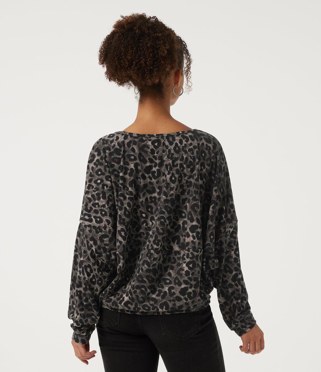Round Neck Long Sleeve Leopard Print Casual Top — Smoke Jungle — view 2