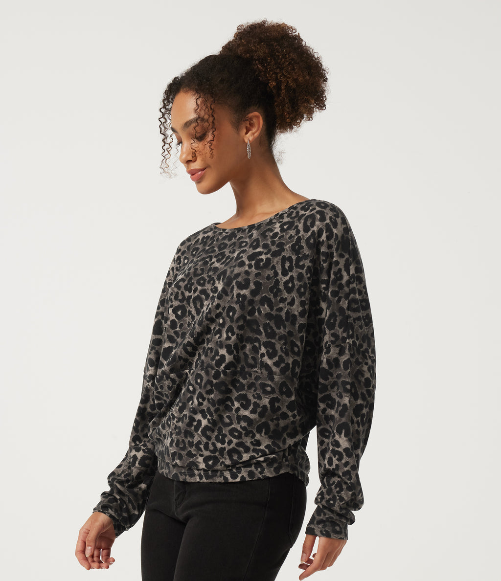 Round Neck Long Sleeve Leopard Print Casual Top — Smoke Jungle — view 3
