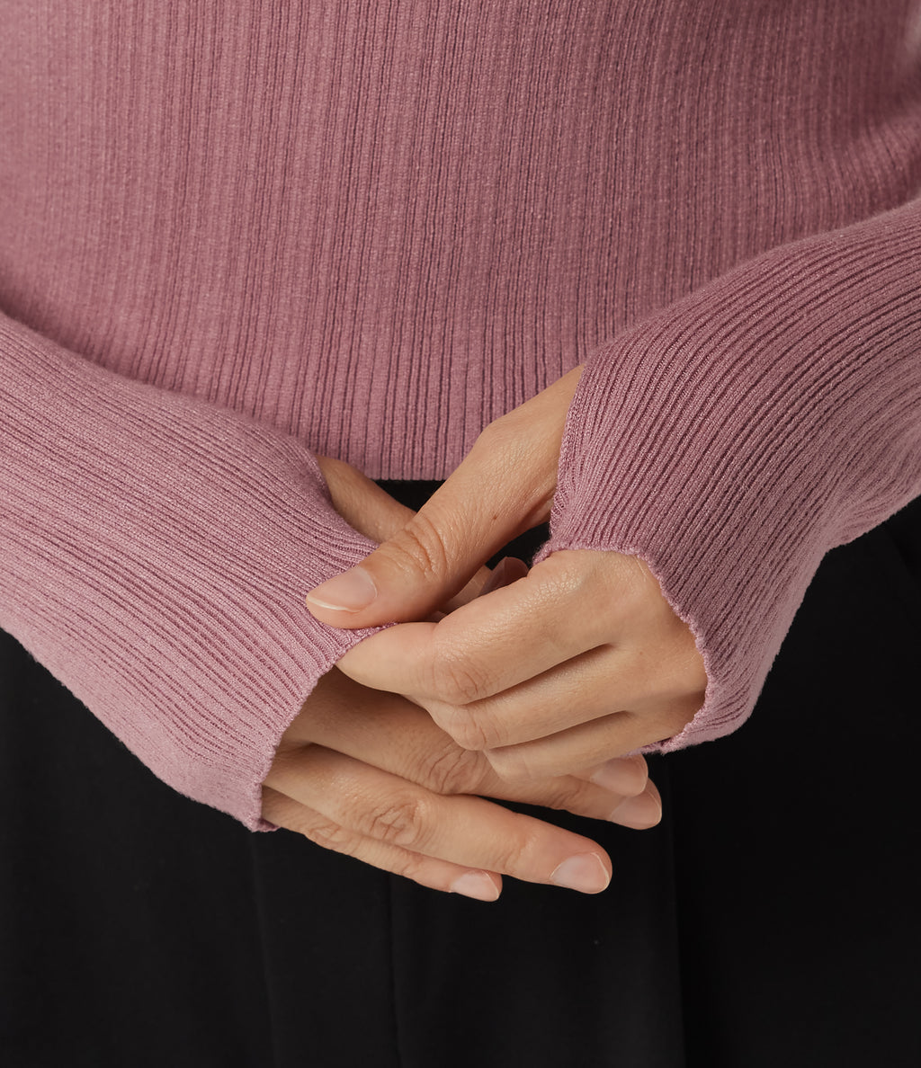 Mock Neck Long Sleeve Work Jumper with Thumbholes — Ash Rose — view 6