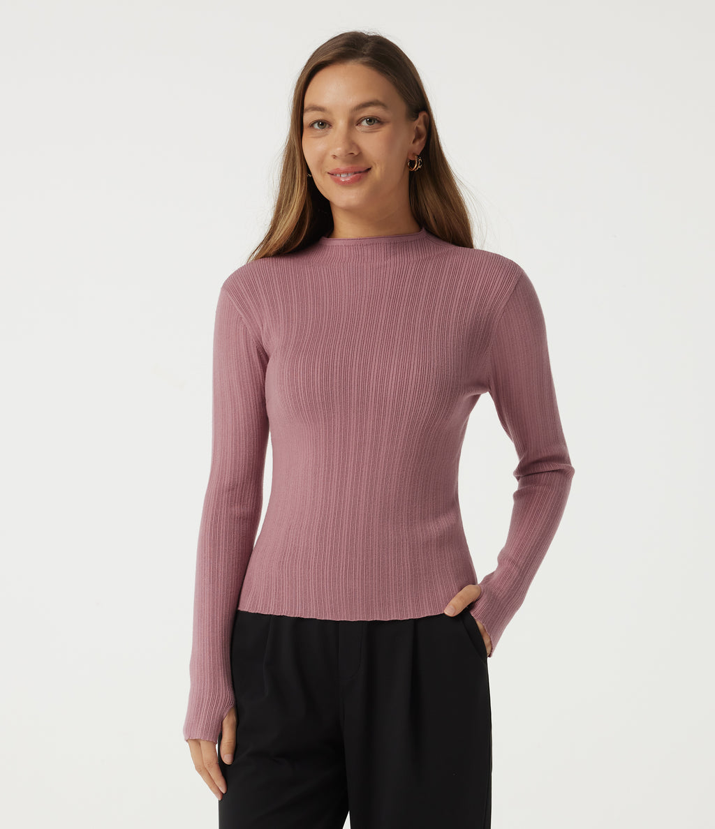 Mock Neck Long Sleeve Work Jumper with Thumbholes — Ash Rose — view 1