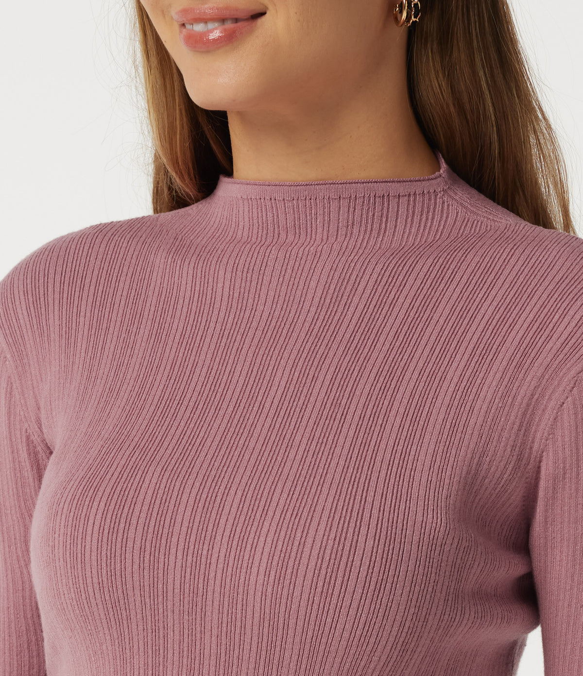 Mock Neck Long Sleeve Work Jumper with Thumbholes — Ash Rose — view 5
