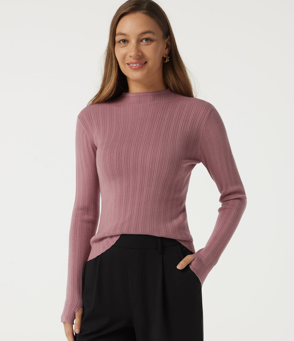 Mock Neck Long Sleeve Work Jumper with Thumbholes — Ash Rose — view 4