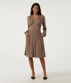 V Neck Long Sleeve A-Line Casual Midi Dress — Beaver Fur — view 1