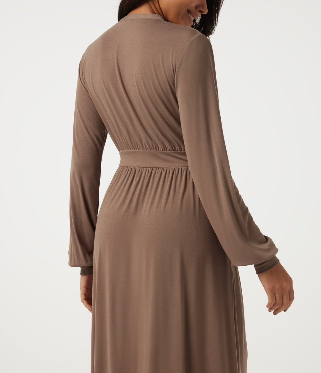 V Neck Long Sleeve A-Line Casual Midi Dress — Beaver Fur — view 5
