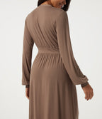 V Neck Long Sleeve A-Line Casual Midi Dress — Beaver Fur — view 5