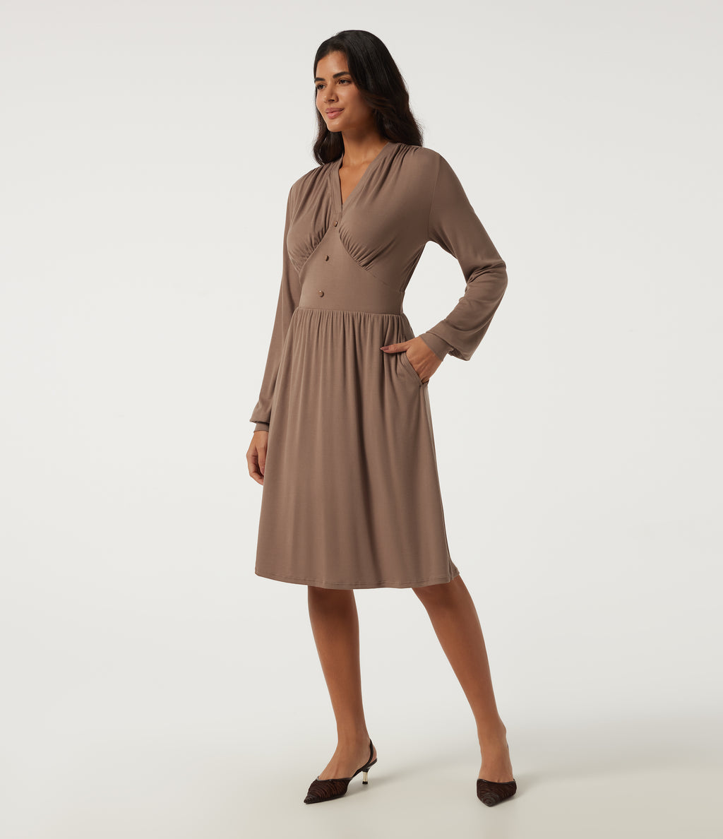 V Neck Long Sleeve A-Line Casual Midi Dress — Beaver Fur — view 3