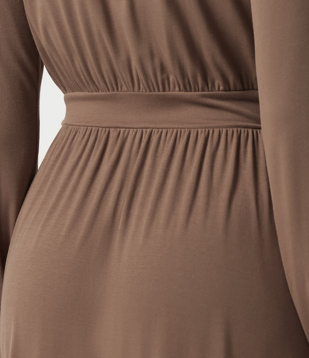 V Neck Long Sleeve A-Line Casual Midi Dress — Beaver Fur — view 6