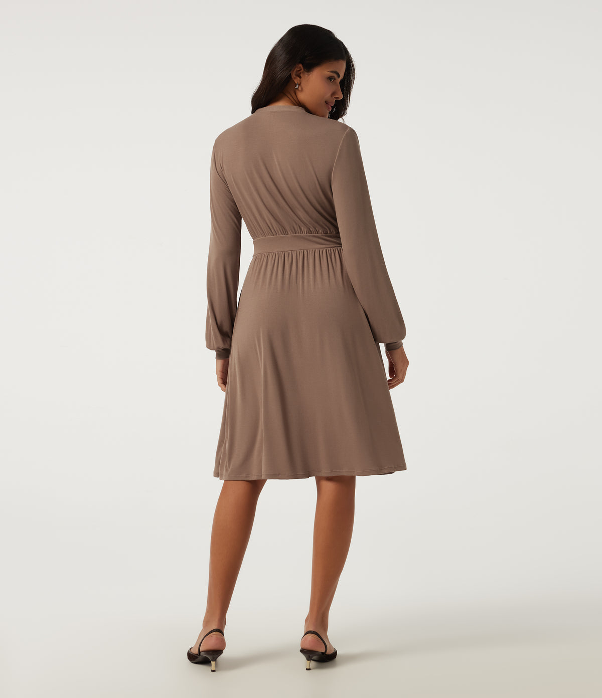 V Neck Long Sleeve A-Line Casual Midi Dress — Beaver Fur — view 2