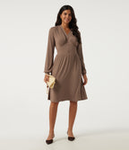 V Neck Long Sleeve A-Line Casual Midi Dress — Beaver Fur — view 7