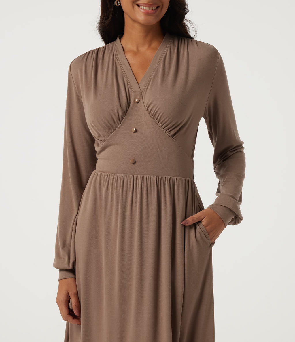 V Neck Long Sleeve A-Line Casual Midi Dress — Beaver Fur — view 4