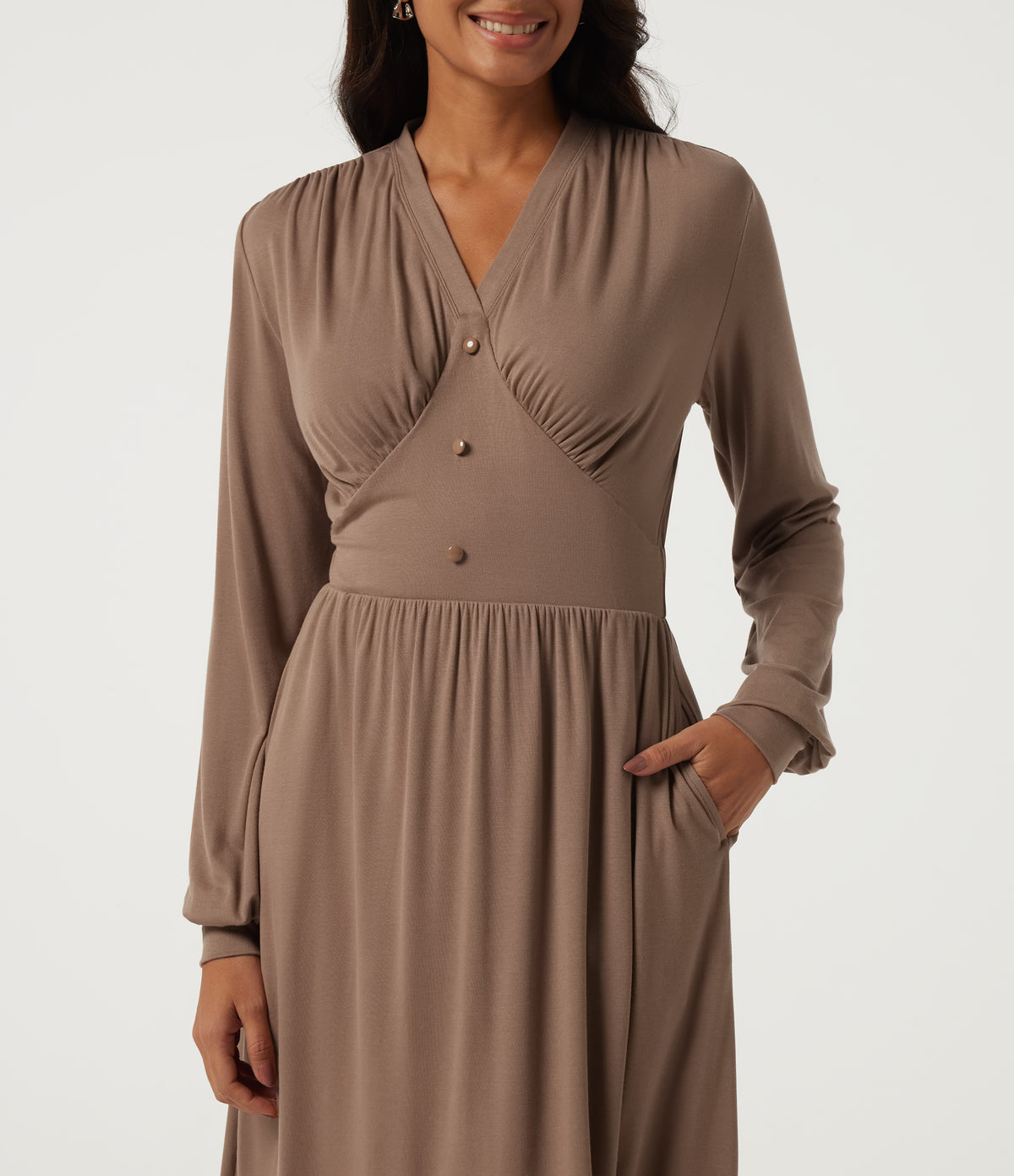 V Neck Long Sleeve A-Line Casual Midi Dress — Beaver Fur — view 4
