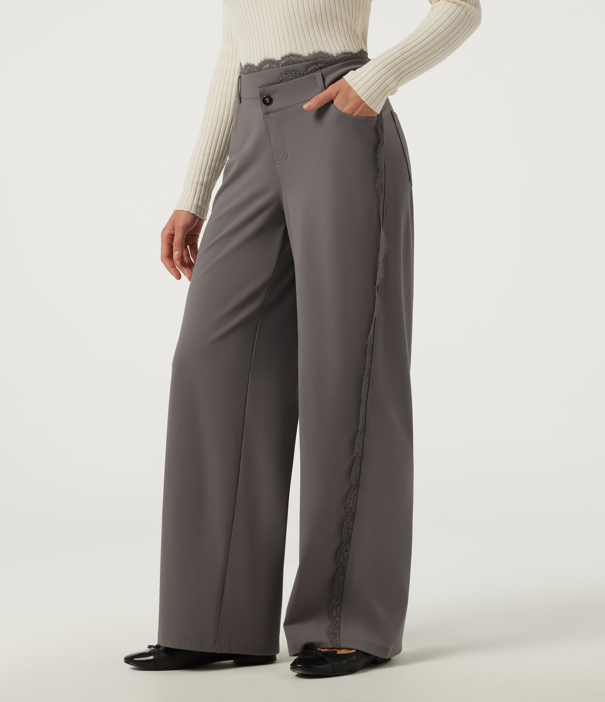 High Waisted Wide Leg Casual Trousers with Pockets — Silent Storm — view 1