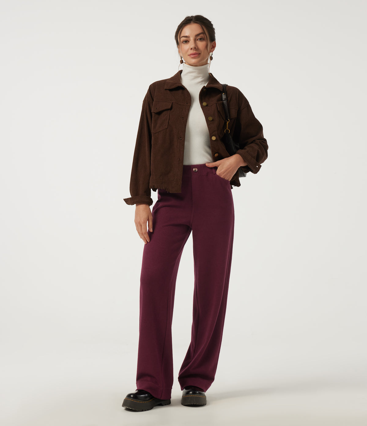 Mid Rise Straight Leg Casual Trousers with Pockets — Cabernet — view 6