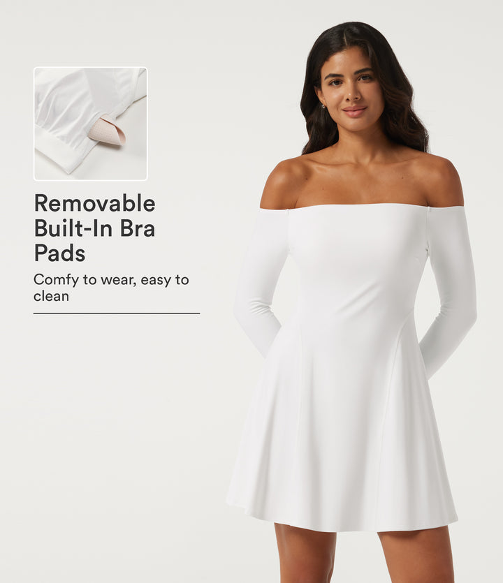 Plush Off Shoulder Long Sleeve Built-in Bra Mini Casual Dress-B-DD Cups — White — view 1