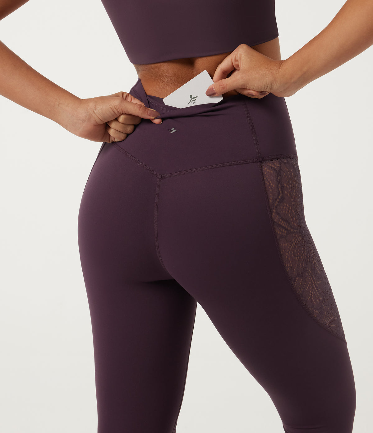 High Waisted Tummy Control Contrast Lace Yoga Leggings with Pocket — Night's Purple — view 5