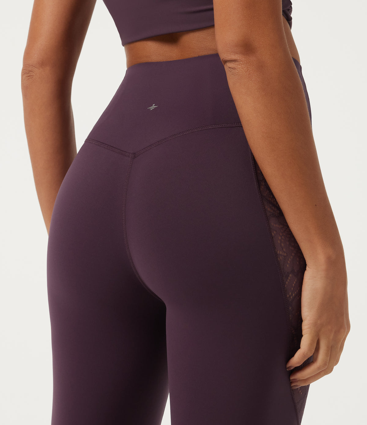 High Waisted Tummy Control Contrast Lace Yoga Leggings with Pocket — Night's Purple — view 7