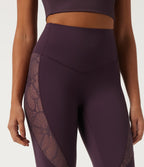High Waisted Tummy Control Contrast Lace Yoga Leggings with Pocket — Night's Purple — view 6