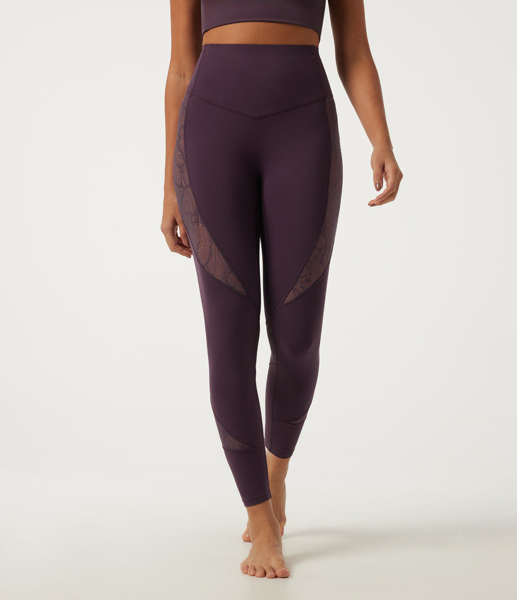 High Waisted Tummy Control Contrast Lace Yoga Leggings with Pocket — Night's Purple — view 3