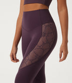 High Waisted Tummy Control Contrast Lace Yoga Leggings with Pocket — Night's Purple — view 4