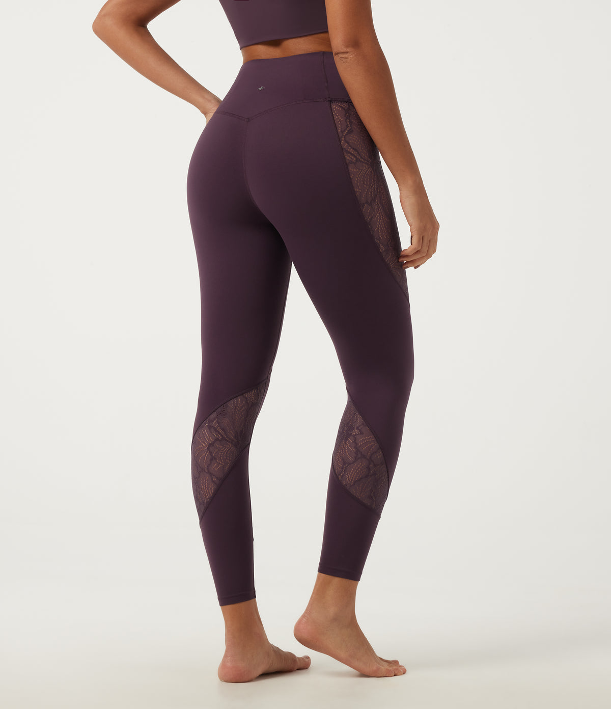 High Waisted Tummy Control Contrast Lace Yoga Leggings with Pocket — Night's Purple — view 2