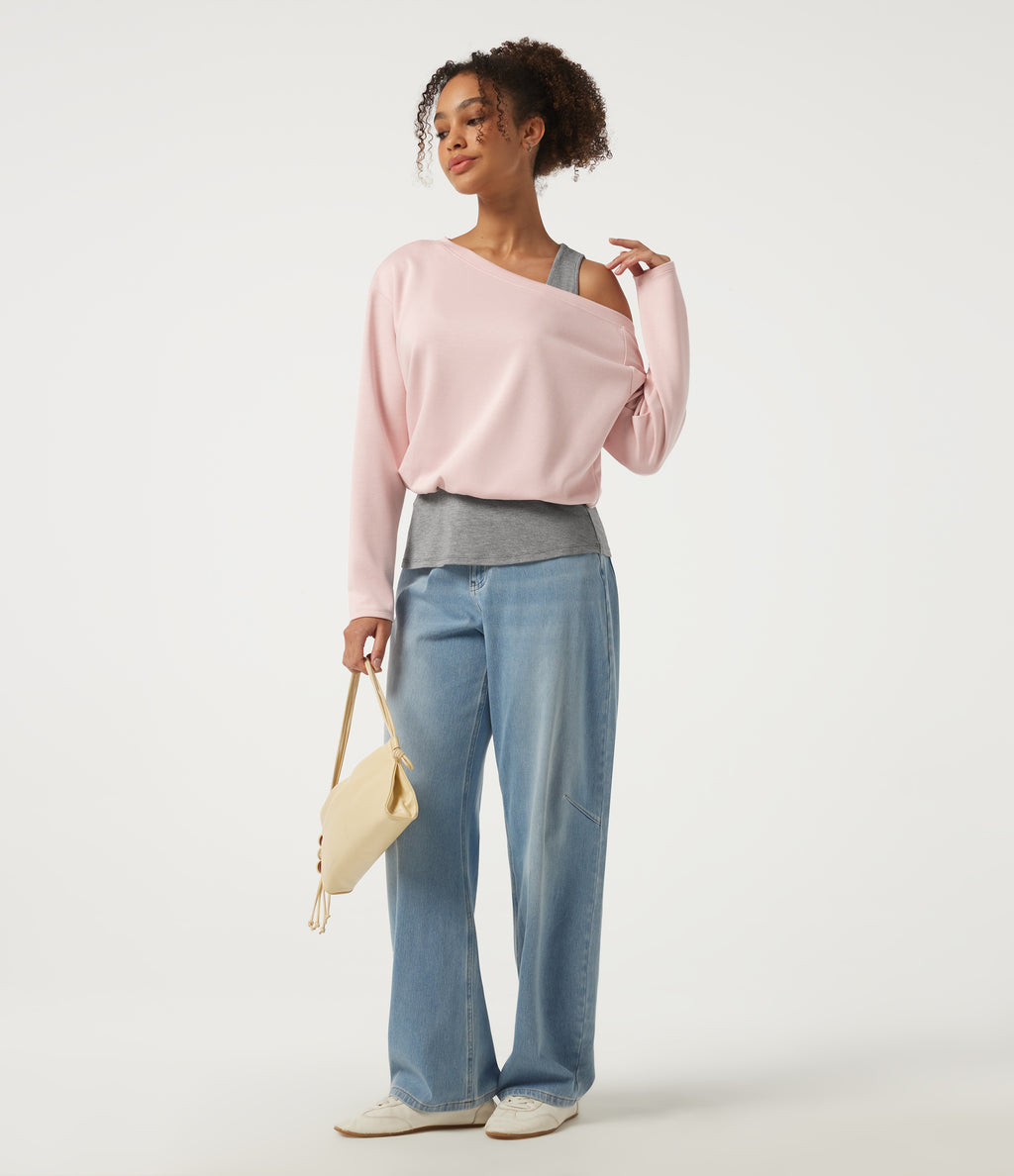One Shoulder Long Sleeve Color Block Casual T-Shirt — Potpourri — view 8
