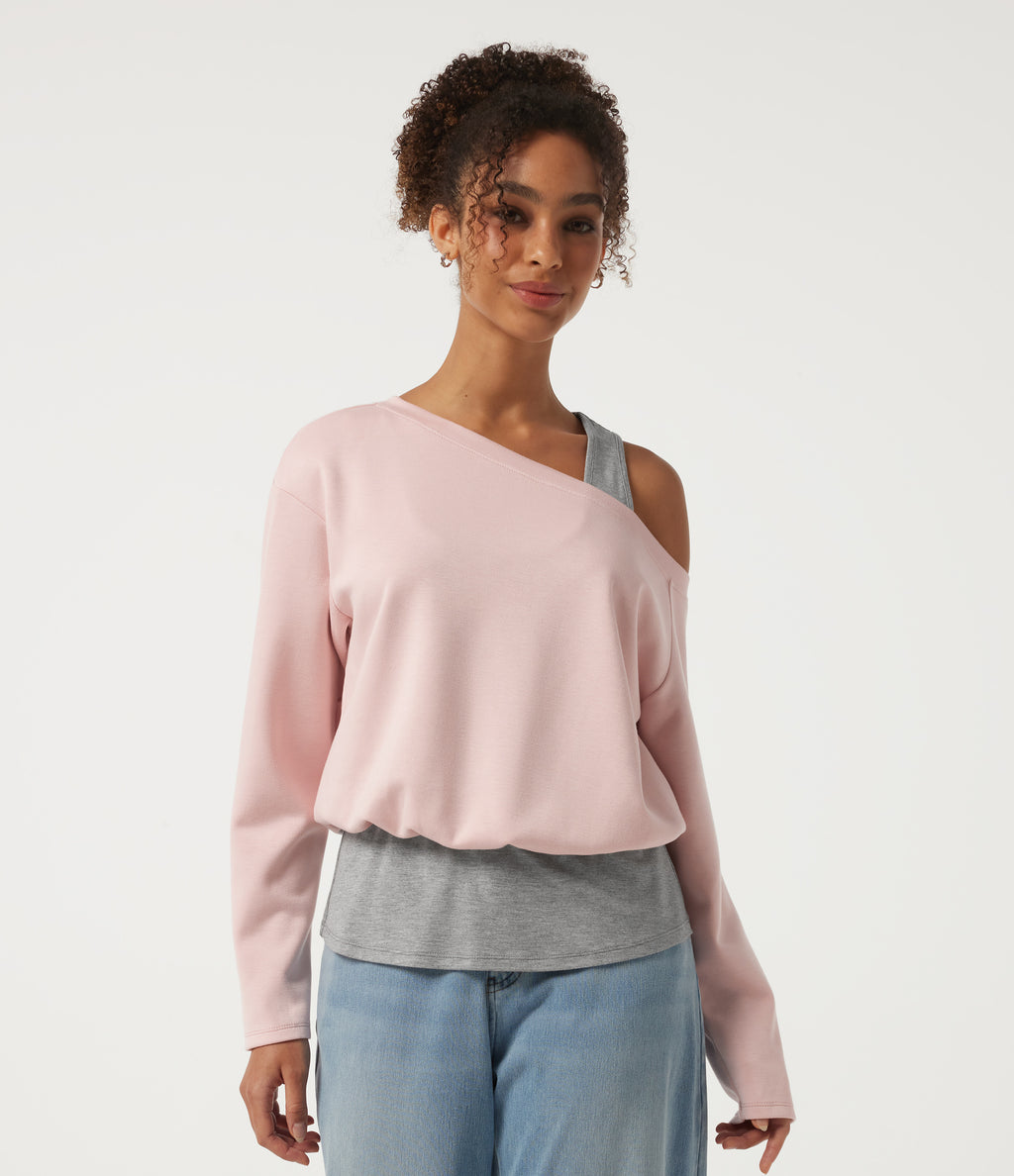One Shoulder Long Sleeve Color Block Casual T-Shirt — Potpourri — view 4