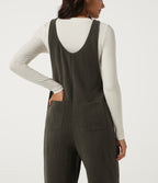 V Neck Sleeveless Straight Leg Corduroy Casual Overall with Pockets — Black Olive — view 6