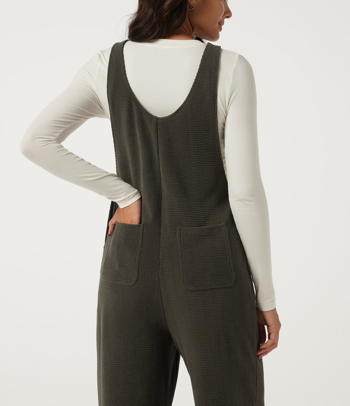 V Neck Sleeveless Straight Leg Corduroy Casual Overall with Pockets — Black Olive — view 6