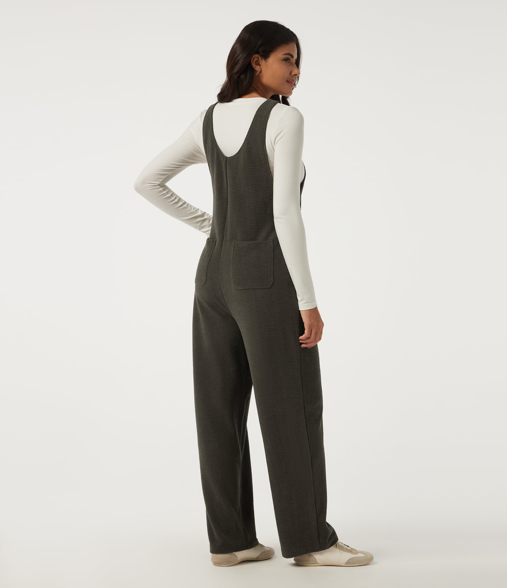 V Neck Sleeveless Straight Leg Corduroy Casual Overall with Pockets — Black Olive — view 2