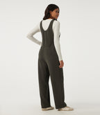 V Neck Sleeveless Straight Leg Corduroy Casual Overall with Pockets — Black Olive — view 2