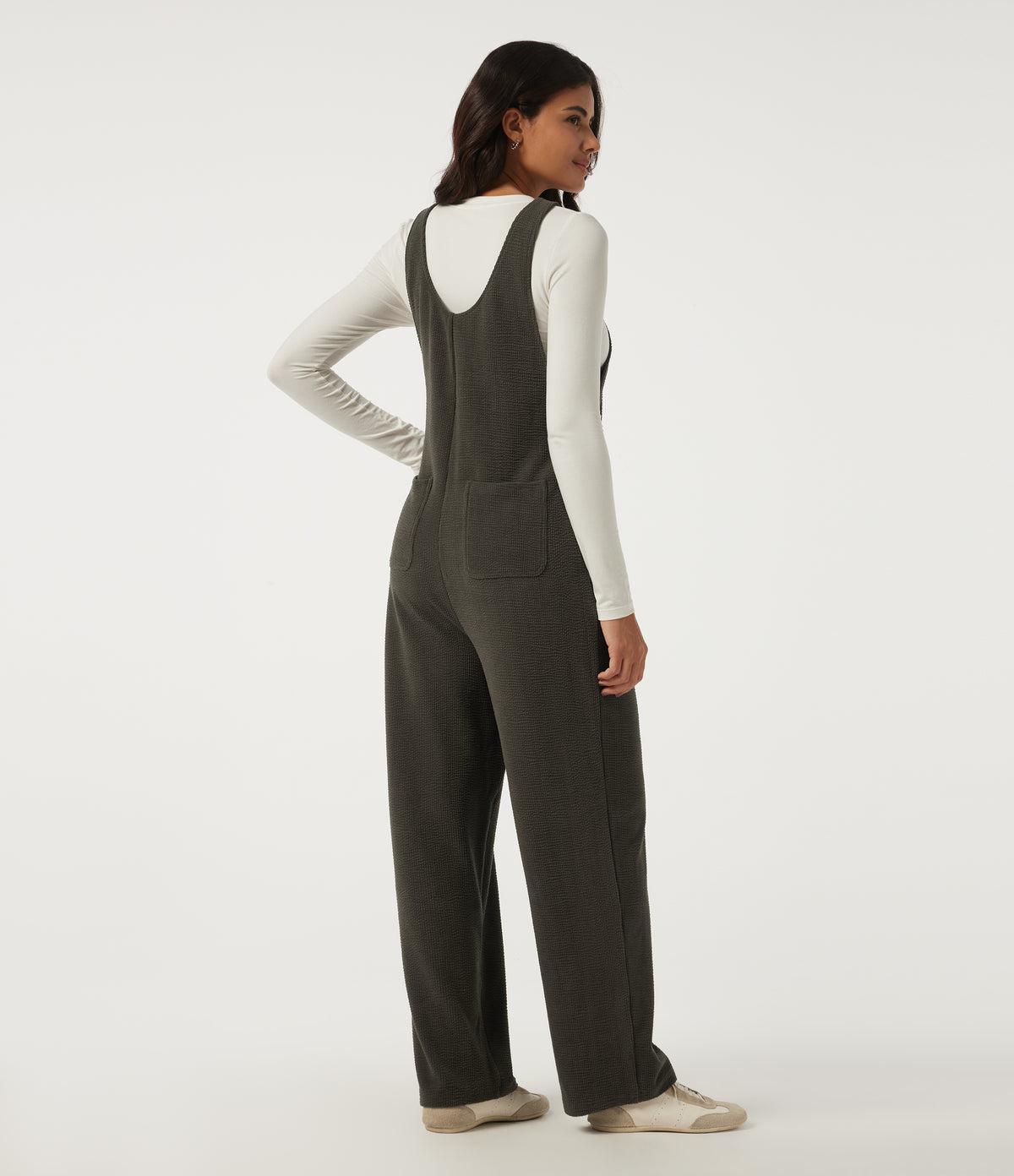V Neck Sleeveless Straight Leg Corduroy Casual Overall with Pockets — Black Olive — view 2