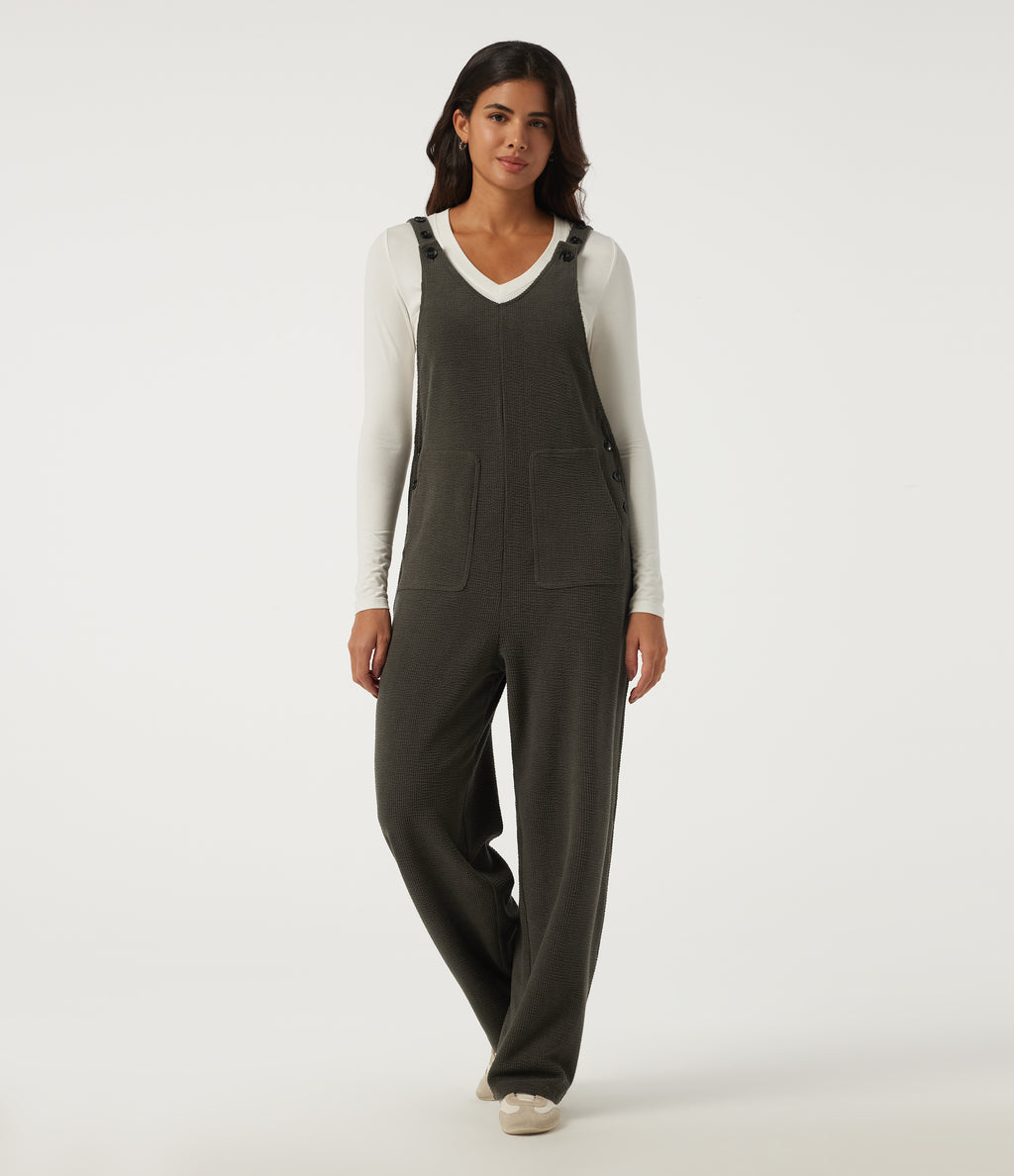 V Neck Sleeveless Straight Leg Corduroy Casual Overall with Pockets — Black Olive — view 3