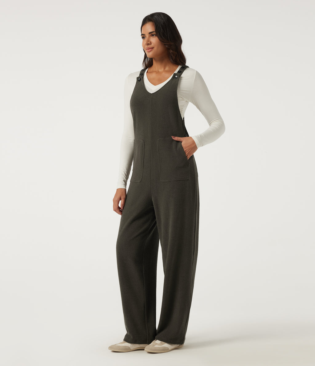 V Neck Sleeveless Straight Leg Corduroy Casual Overall with Pockets — Black Olive — view 1