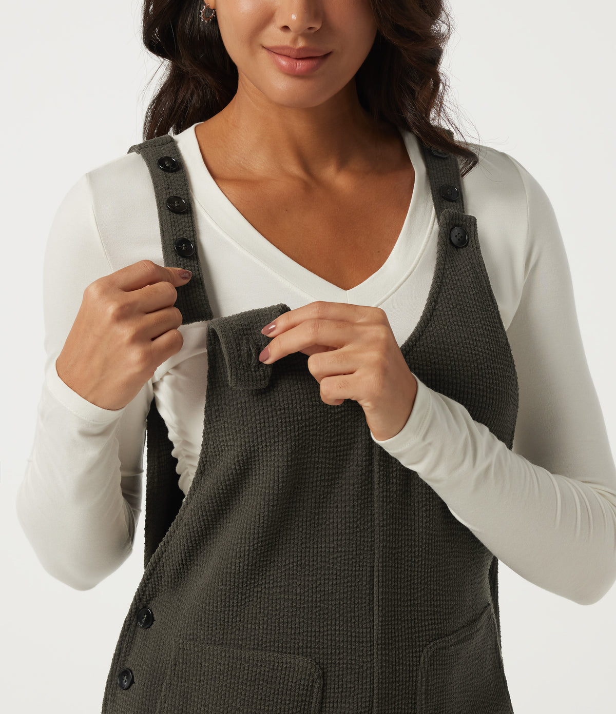 V Neck Sleeveless Straight Leg Corduroy Casual Overall with Pockets — Black Olive — view 4