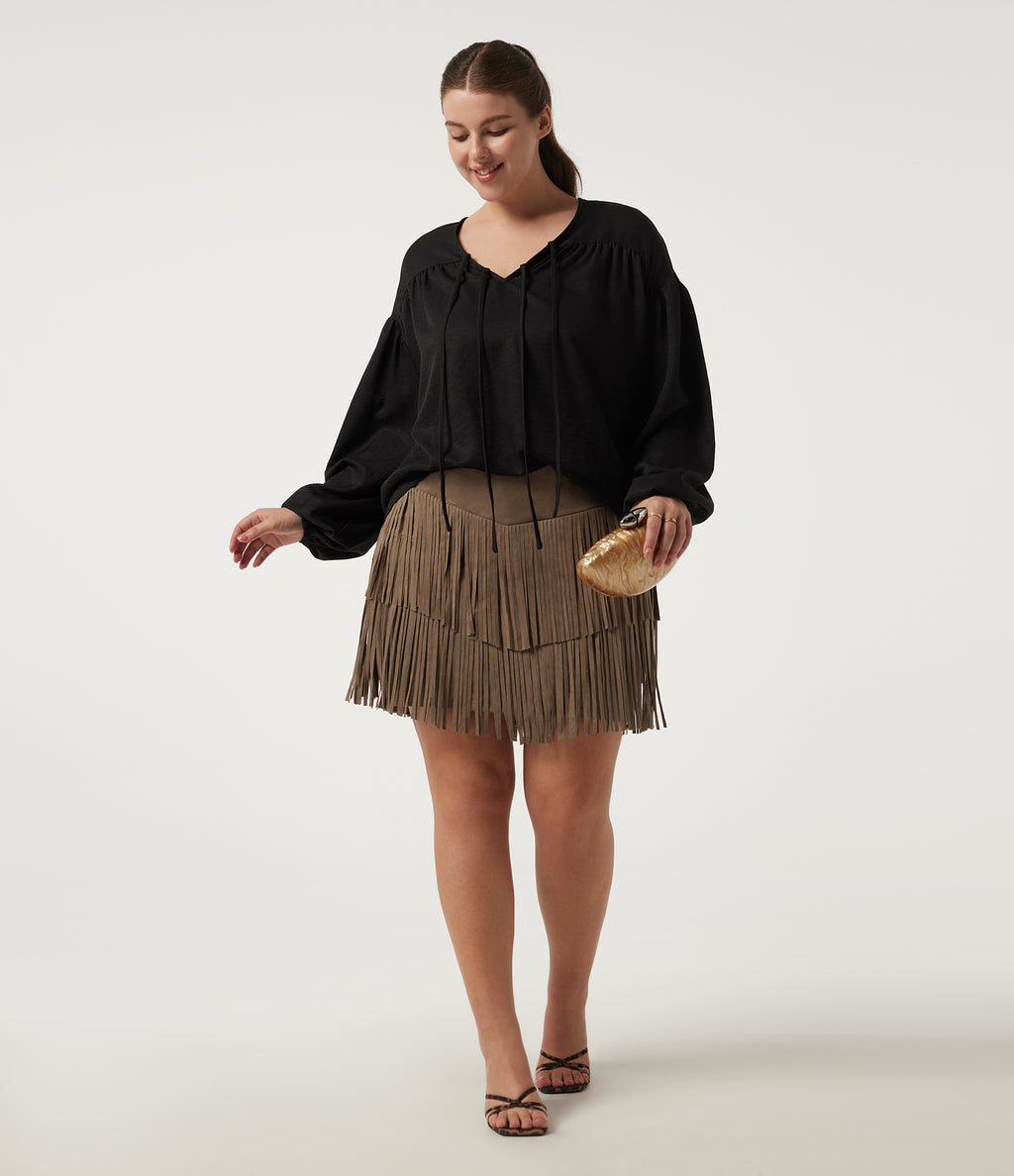 Plus Size High Waisted Fringe Hem A-Line Suede 2-in-1 Party Mini Bodycon Skirt — Coca Mocha — view 6