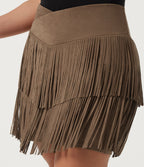 Plus Size High Waisted Fringe Hem A-Line Suede 2-in-1 Party Mini Bodycon Skirt — Coca Mocha — view 5