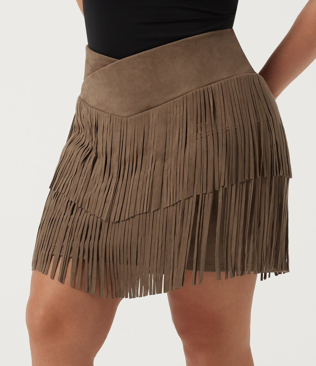 Plus Size High Waisted Fringe Hem A-Line Suede 2-in-1 Party Mini Bodycon Skirt — Coca Mocha — view 3