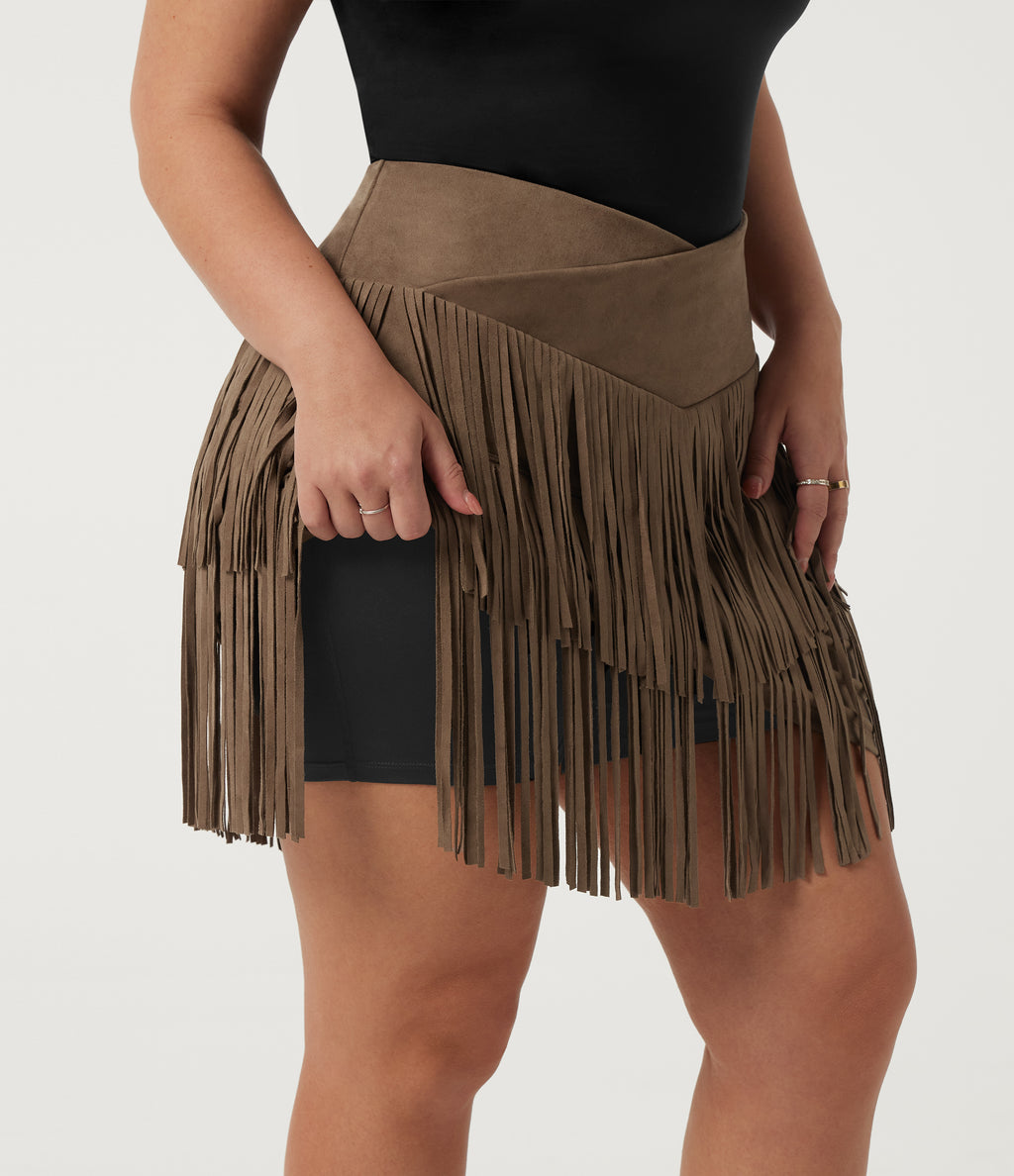 Plus Size High Waisted Fringe Hem A-Line Suede 2-in-1 Party Mini Bodycon Skirt — Coca Mocha — view 4