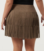 Plus Size High Waisted Fringe Hem A-Line Suede 2-in-1 Party Mini Bodycon Skirt — Coca Mocha — view 2