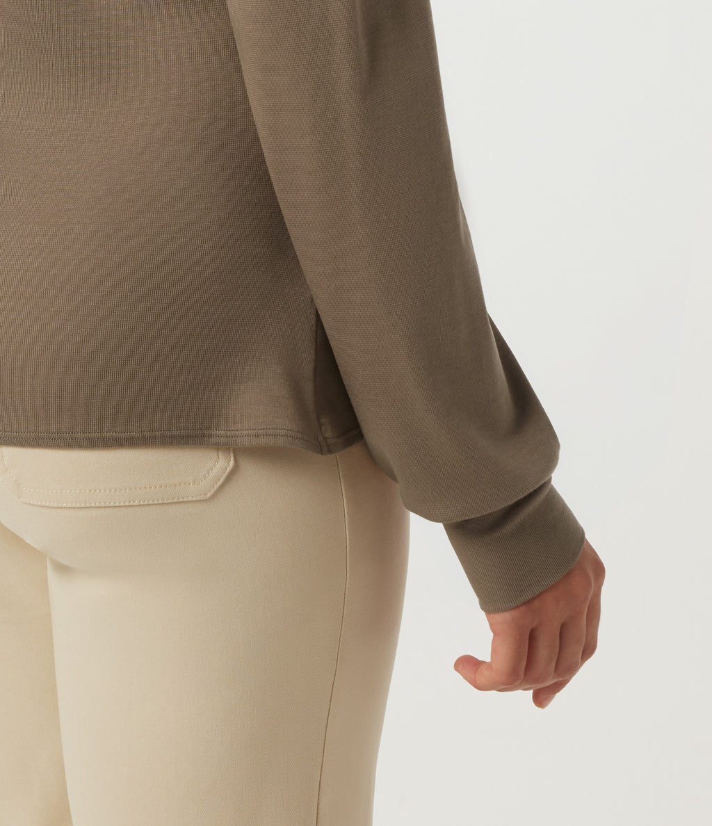 V Neck Long Sleeve Curved Hem Casual Top — Dark Truffle — view 8
