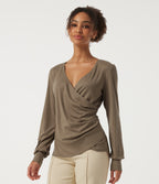 V Neck Long Sleeve Curved Hem Casual Top — Dark Truffle — view 3