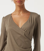 V Neck Long Sleeve Curved Hem Casual Top — Dark Truffle — view 6