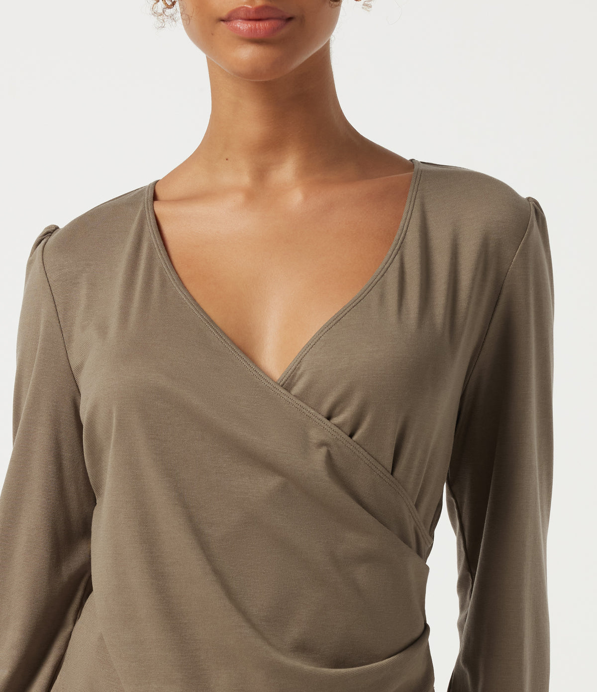 V Neck Long Sleeve Curved Hem Casual Top — Dark Truffle — view 6