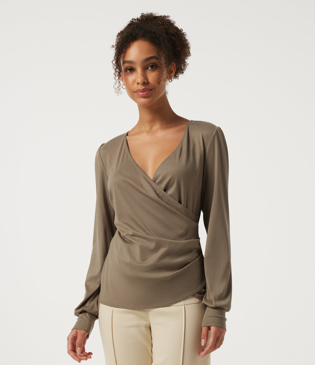 V Neck Long Sleeve Curved Hem Casual Top — Dark Truffle — view 4