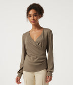 V Neck Long Sleeve Curved Hem Casual Top — Dark Truffle — view 4