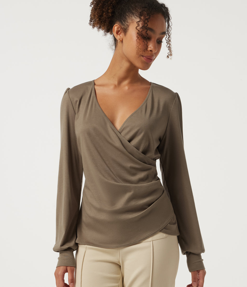 V Neck Long Sleeve Curved Hem Casual Top — Dark Truffle — view 1
