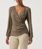 V Neck Long Sleeve Curved Hem Casual Top — Dark Truffle — view 5